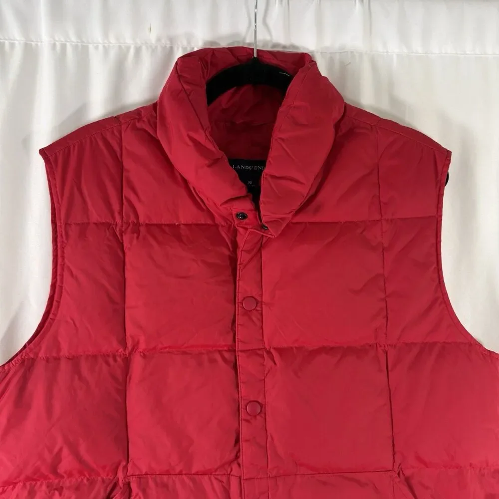 Lands End Puffer Vest Men's Medium Red Duck Down Fill Sleeveless Button Up